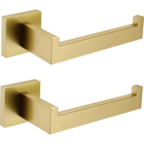 Portarrollos de papel higiénico en oro cepillado, dispensador de papel higiénico, gancho, montaje en pared para baño, cocina, diseño cuadrado moderno, acero inoxidable, paquete de 2 (1/5)