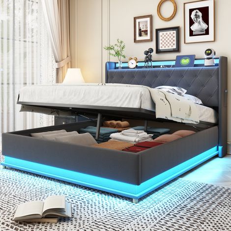 Cama matrimonio LED con USB y almacenaje gris 140x200 OKMYHOME (1/5)