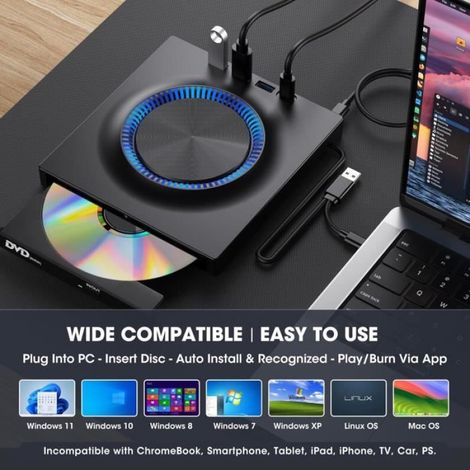 Lecteur Cd Dvd Externe - Usb 3 0 Et Usb C - Compatible Windows MacOS Linux - Fente Sd Tf - 1 Unite (1/4)