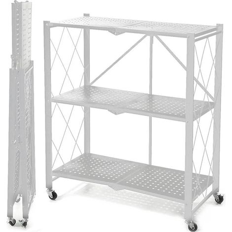 TrAdE Shop Traesio - Scaffale Multiuso Libreria Pieghevole Con 3 Ripiani Ruote In Acciaio Verniciato Bianco - (1/5)