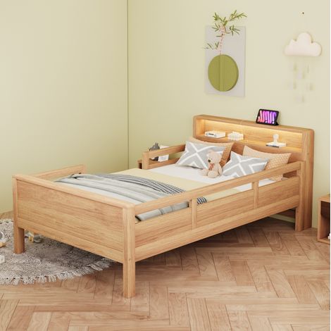 lit superposé 90/200 cm en bois naturel avec LED, prise USB et Type-C, tête de lit avec rangement (1/5)