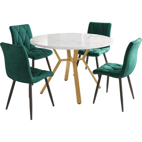 Ensemble de salle à manger rond 5 pièces avec table en MDF effet marbre et 4 chaises vertes en velours à pieds métalliques dorés (1/5)