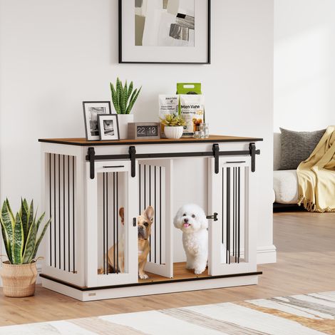 Hundekäfig mit 2 Türen, Hundebox, Transportbox für Hunde, rustikales Design, verriegelbar, Weiß