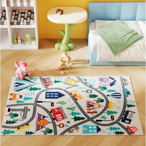 Tappeto bambino motivo strada 160 x 120 cm in poliestere, bianco multicolore antiscivolo OKMYHOME (1/5)