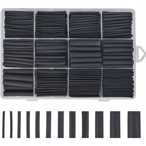 QORVA-Gaine thermorétractable noire (625 unités), assortiment de 8 tailles (1-10 mm).