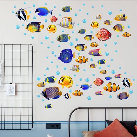Un conjunto de pegatinas de pared de peces de colores, pegatinas decorativas de pared removibles para sala de estar, baño, habitación infantil. (1/5)