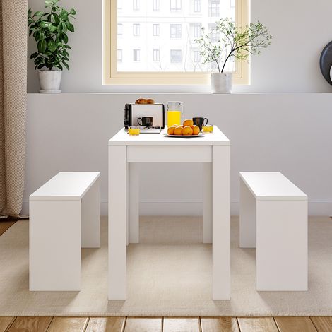 White Set of 3 Modern Dining Room Table and Benches (1/5)