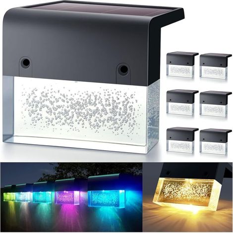 Lot de 6 lampes solaires pour terrasse, lumières LED pour marches d'extérieur pour escalier, clôture,patio,marche,2 modes d'éclairage, bulles en acrylique blanc chaud/changeant de couleur (1/5)