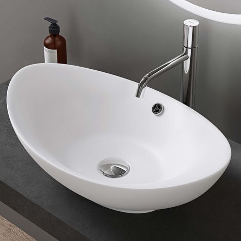 doporro Lavabo à Poser Blanc Mat Vasque en Céramique Lave Mains Ovale de Qualité pour Salle de Bain 59x38,3x19,2cm Bruxelles818 (1/5)