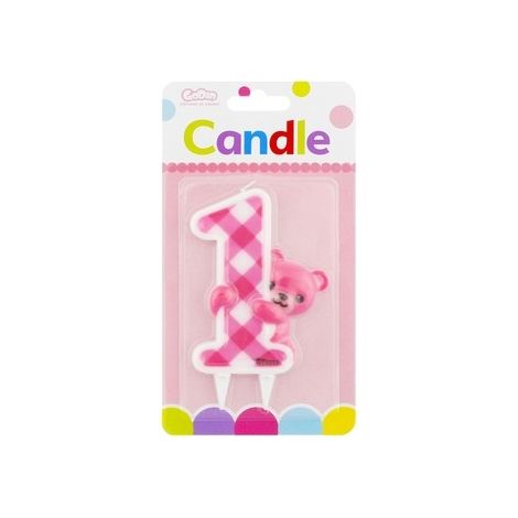 Vela con forma de osito de peluche rosa número 1 7 2x12 cm 1 unidad.