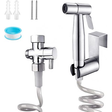 Douchette à main pour kit de toilettes, robinet de douche, en acier inoxydable, avec tuyau à ressort, kit de support mural, valve à 3 voies (1/5)