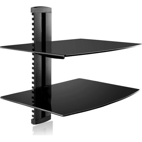 Lautsprecher-Wandhalterung, schwebendes Glasregal, Wandhalterung für DVD-Player/Kabelboxen/Spielkonsolen/TV-Zubehör, 2 Ablagen, Schwarz