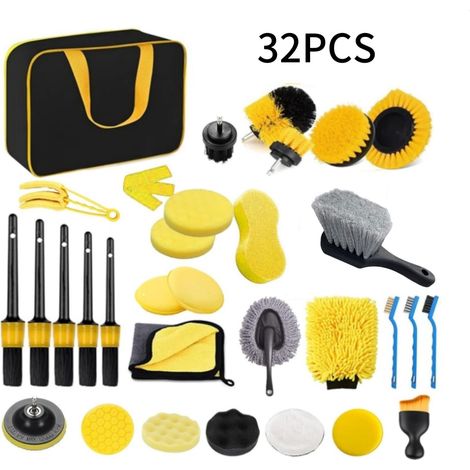 32-Pièces Brosse de Nettoyage Électrique Multifonctionnelle pour Intérieur de Voiture, Grilles d'Aération, Climatisation et Polissage des Pneus (Perceuse Non Incluse) (1/5)
