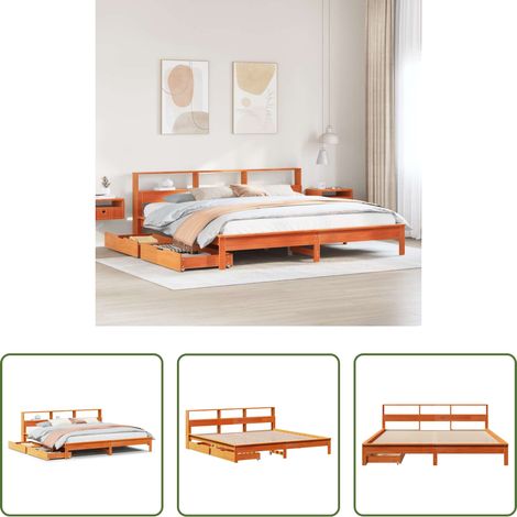 vidaXL Tiroir sous lit - Lit bibliothèque sans matelas cire marron 200x200 cm pin massif (1/5)