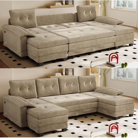 Canapé-lit modulable en U convertible en tissu camel, 278 x 127 x 87 cm, avec ports USB et coussins d’accoudoirs amovibles, pour salon – de FLORAGRACE (1/5)