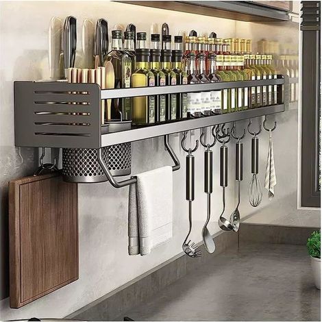 Porte Ustensiles Cuisine Porte Couteaux Mural Rangement Ustensiles de Cuisine avec Porte-Serviette Avec/Sans Perçage-50cm Noir (1/4)