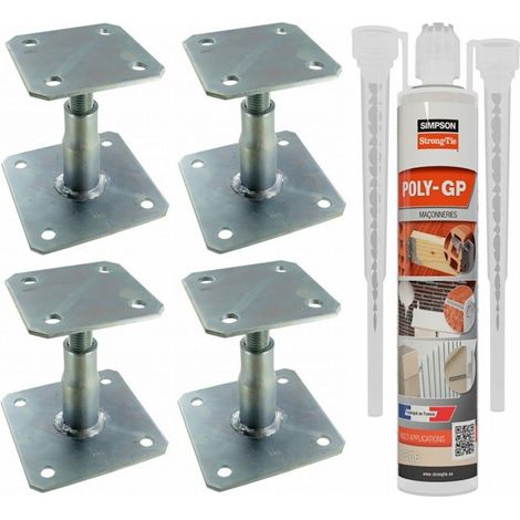 Pack 4 Pieds de poteau réglable APB100/150 + 1 Scellement chimique beige multi-matériaux POLY-GP 300ml SIMPSON (1/3)