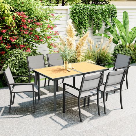 Table de jardin en acier 150x90x72 cm, teinte naturelle, plateau imitation bois pour 6 convives, table de repas extérieur rectangulaire