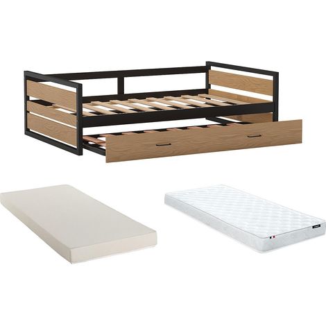 Letto singolo con letto estraibile stile industriale + materasso 2 x 90 x 190 cm MDF, Pino e Metallo - BOSTON