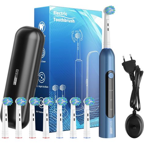 Brosse à dents électrique rotative pour adulte - Avec 8 têtes de brosse et étui de voyage - 3 modes - Étanche IPX7 - Rechargeable - Bleu (1/5)