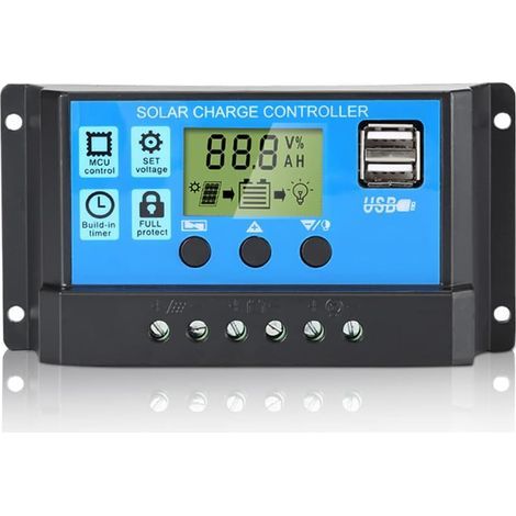 Régulateur de charge de panneau solaire PWM, 12 V/24 V, 30 A, écran LCD, double port USB (1/5)