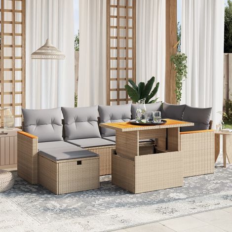 Set sofás de jardín 7 piezas y cojines ratán sintético beige vidaXL (1/4)