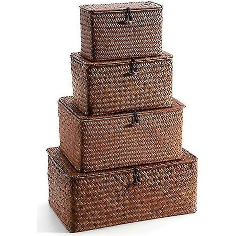 Paniers de rangement en paille tressée avec couvercle - Lot de 4 - Paniers rectangulaires en jonc de mer pour étagères (1/5)