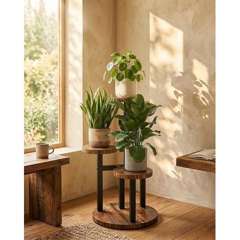 Support Plante d'Angle 3 Niveaux en Métal Bois - Étagère Fleurs pour Intérieur Salon Jardin Extérieur (Sans Plantes)