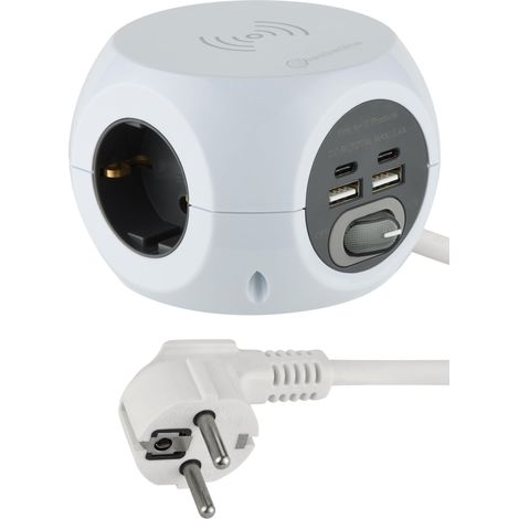 Mini Cube Multiprise avec chargeur rapide sans fil, avec 3 ports USB 2,4 A, avec 3 prises avec interrupteur, câble de 1,5 m, blanc (1/5)