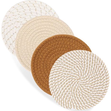 Juego de 4 posavasos redondos de algodón tejido, absorbentes, hechos a mano, con soporte, 18 cm. (1/5)