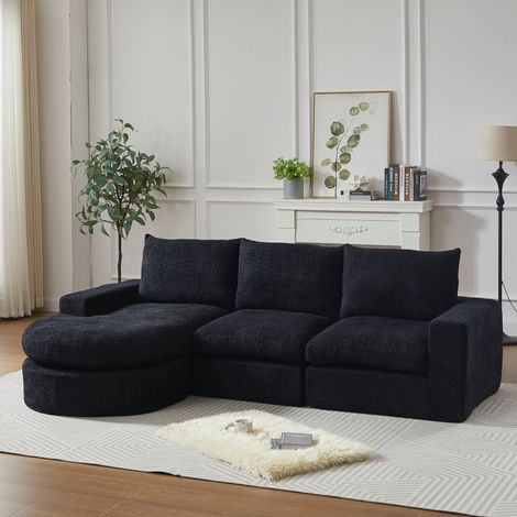 Divano modulare nero in ciniglia con chaise longue reversibile e 3 cuscini (1/5)