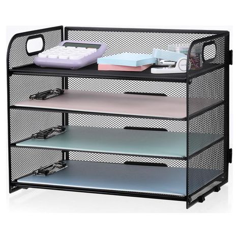 4 Niveaux Organisateur de Bac à Courrier en Maille Métallique, 32CM x 28CM x 24CM Organiseur de Dossiers Coulissant en Maille avec Poignée pour Livres Notes Papier Maison Bureau École Organiser (1/5)