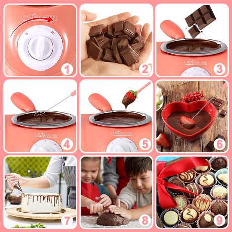 Juego eléctrico de fondue de chocolate con doble capacidad (250 ml) y accesorios antiadherentes (espátula, utensilios, moldes), color aluminio rosa, para postres, frutas, dulces, caramelo, brioches. (1/5)