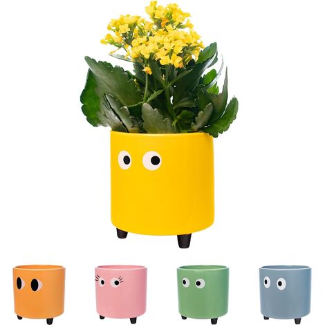 Pot de Fleurs avec Motif d'œil. Pot de Fleurs et de Plante décoratif. Jardinière décorative d'intérieur. Pot en céramique Jaune pour Fleurs et Plantes grasses.13 x 12,5 cm. (1/5)