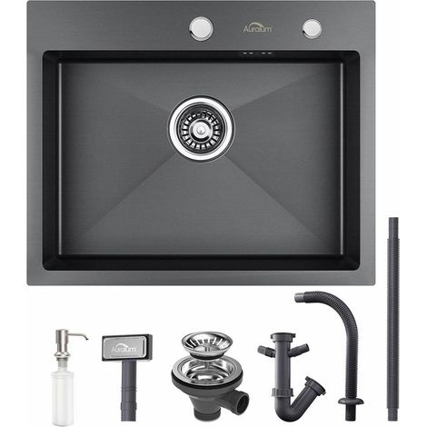 Fregadero de Cocina de un Seno 55x45cm gris antracita, Fregadero Encastrado Cuadrado de Acero Inoxidable con 300ml Dispensador de Jabón, Set de Desagüe y Sifón