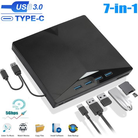 Lecteur CD/DVD externe 7 en 1 pour ordinateur portable, lecteur CD/DVD ROM +/-RW portable USB 3.0/USB-C avec emplacements pour cartes TF/SD (1/5)