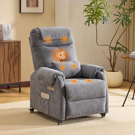 Fauteuil Massant, Fauteuil de Relaxation avec 6 Points de Massage et Chauffage, Dossier et Repose-Pieds Réglable Automatiquement, Équipé d'un Appui-tête et Un Coussin, Gris Foncé, Tissu (1/5)