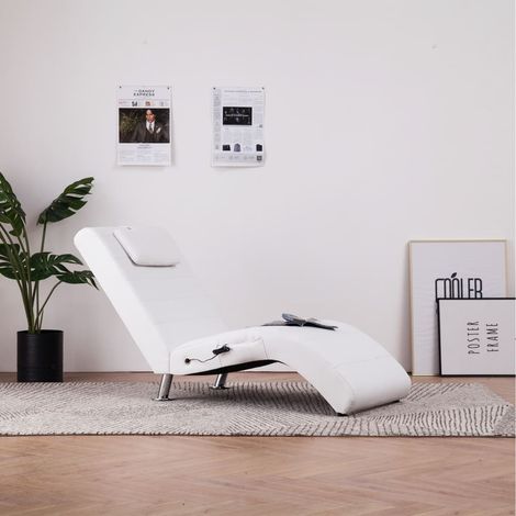 Chaise longue Bain de soleil Transat de relaxation de massage avec oreiller Blanc Similicuir CFW207184 (1/5)