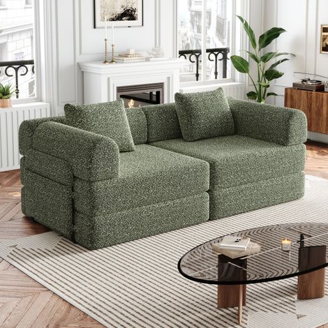 Sofá cama individual convertible 2 en 1 de tela verde con compartimento en reposabrazos y base antideslizante para espacios pequeños de hogar – CHICFURN (1/5)