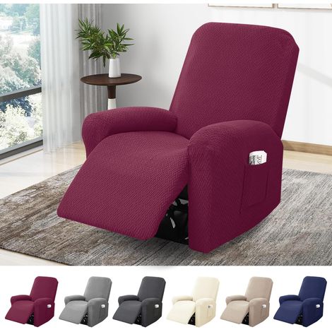 1-Sitzer Sessel Überzug, Sesselbezuge Stretch mit Taschen, All-Inclusive Streifen-Jacquard Sesselschoner für Fernsehsessel Relaxsessel Sesselhusse (Weinrot, 4-Teilig)