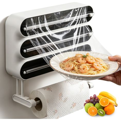 Distributeur mural 3 en 1 – Dévidoir pour essuie-tout, film alimentaire, papier aluminium et papier sulfurisé - Découpe nette et rapide