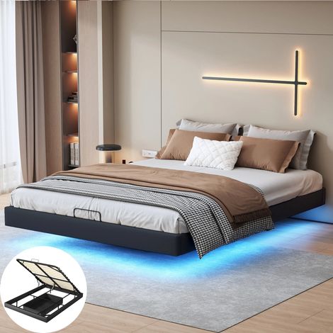 Lit coffre 160x200,Chambre complete adulte,sommier 160x200,lit deux place,lit led 160 x 200,Cadre de lit sans tête,LED,PU,Noir