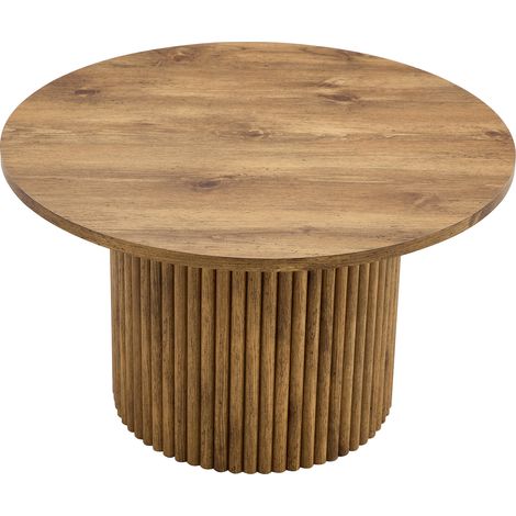 Mesa de centro redonda de MDF 70 cm con base de estilo romano y estructura metálica, color madera (1/5)