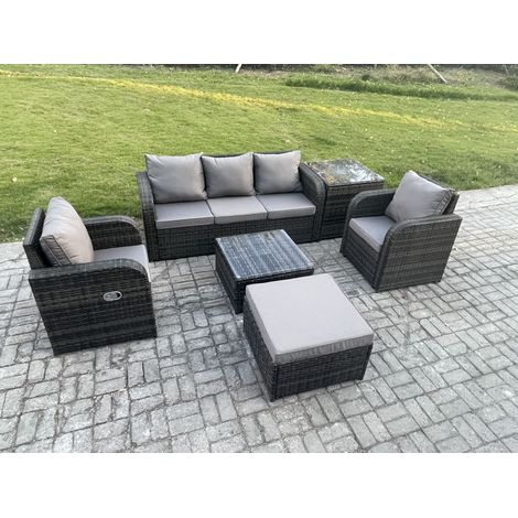Fimous Garden Furniture Sets 6 Seater Wicker Rattan Furniture Patio Sofa Sets with Reclining Chair 3 Seater Sofa Big Footstool Side Table Dark Grey Mixed (1/5)