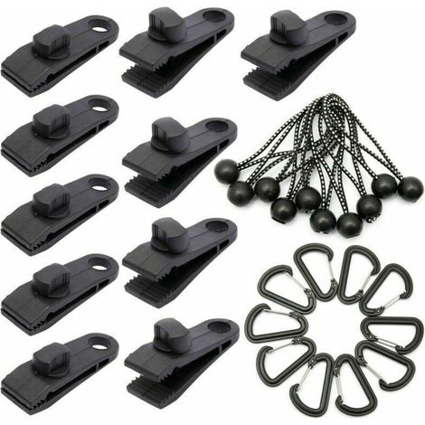 Lot de 10 pinces pour bâche, support de bâche extérieur avec tendeur de sangle et cordon élastique + (1/5)