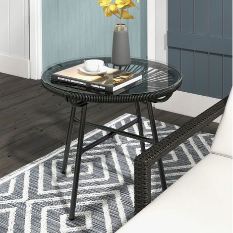 Tavolo giardino boho in rattan con vetro 50x50x50 cm OKMYHOME (1/4)