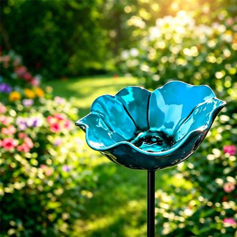 Metallenes Gartenbienenbad: 60 cm lange, handgefertigte Bestäuber-Wasserstation mit Vogelbad und Blumendesign – Gartendekoration für Bienen und Vögel (Blau)