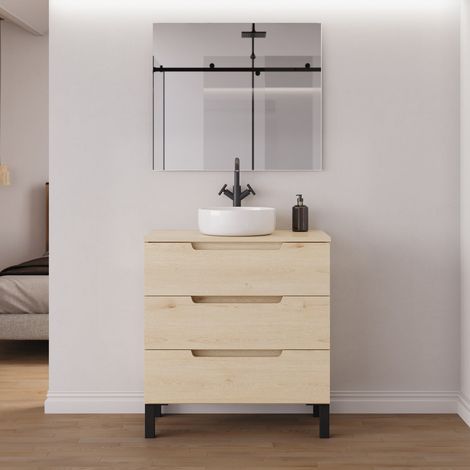 Meuble de salle de bain 70cm avec plateau et vasque à poser ronde - 3 tiroirs - roble calima (bois clair) - RIZA (1/5)
