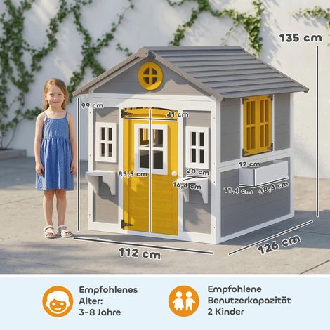 Spielhaus Wetterfestes Kinderspielhaus aus Holz mit Tür 6 Fenster 2 Blumenkästen 2 Blumenständern für 3-8 Jahre Grau (1/5)