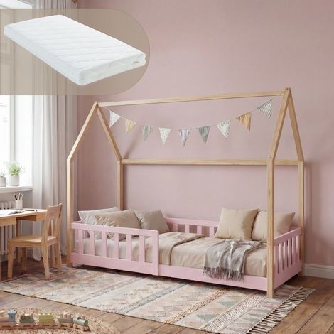 Hausbett Hesel mit Matratze und Rausfallschutz 90x200 cm Rosa/Natur [en.casa] (1/5)